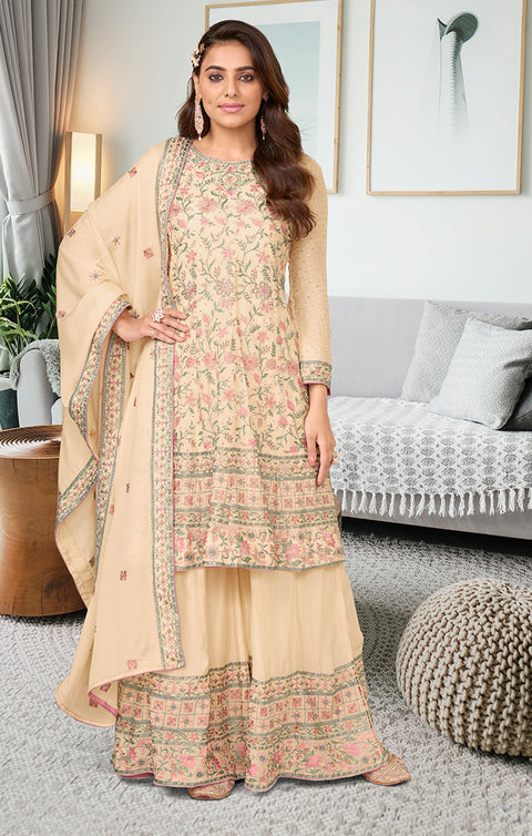 Designer Cream Color Heavy Embroided Work Traditional/Festive Wear Suit with Sharara & Dupatta in Georgette (D881)