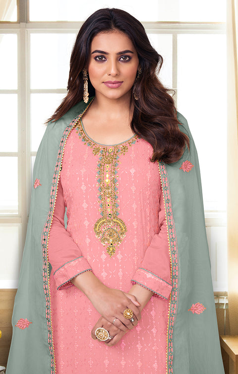 Designer Pink Color Suit with Palazzo & Dupatta in Chinon (D889)