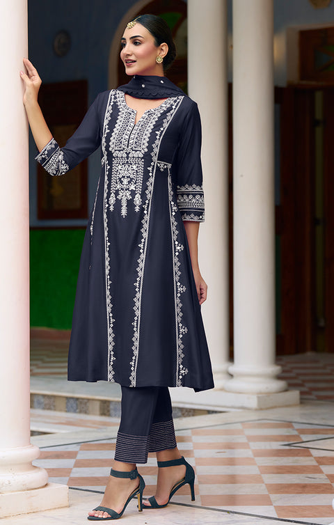 Designer Navy Blue Color Embroidery Work Romani Silk Readymade Suit With Pant (D890)