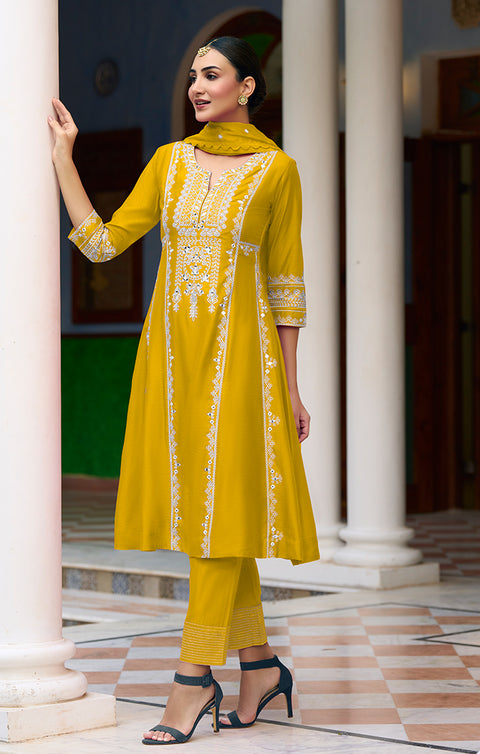 Designer Yellow Color Embroidery Work Romani Silk Readymade Suit With Pant (D893)