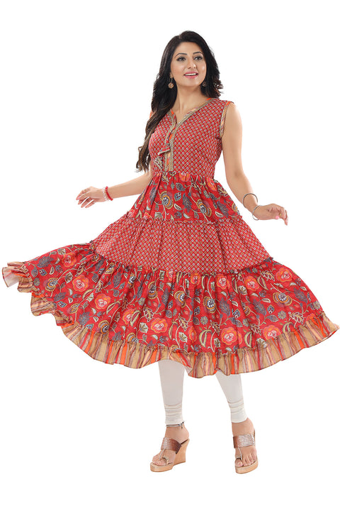 Ravishing Red Rayon Anarkali Long Kurti With Flared look For Women Casual Wear (D817)