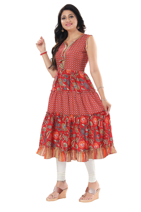 Ravishing Red Rayon Anarkali Long Kurti With Flared look For Women Casual Wear (D817)