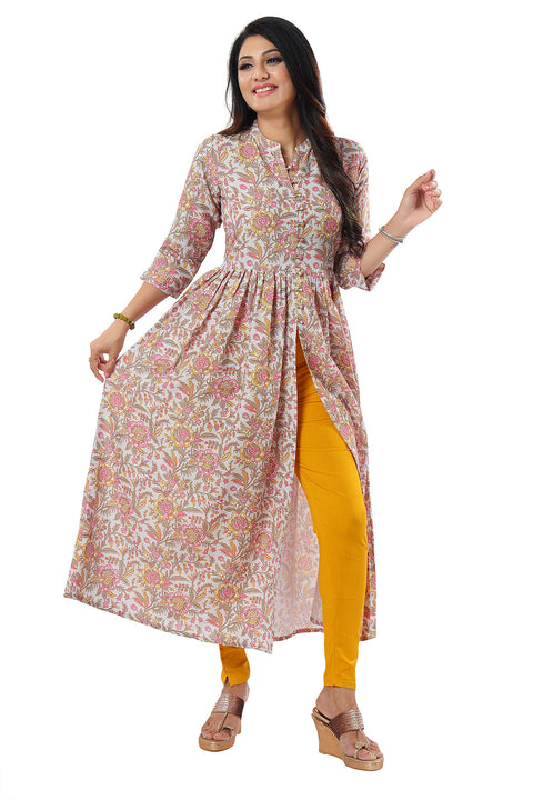 Light Gray Color Floral Printed High Slit Long Kurti For Women Casual Wear (D816)