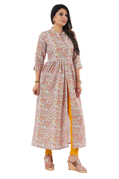 Light Gray Color Floral Printed High Slit Long Kurti For Women Casual Wear (D816)