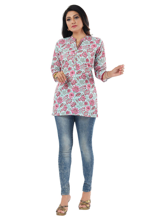 Printed Rayon Light Blue Short Kurti Indian Ethnic For Casual Wear (D818)