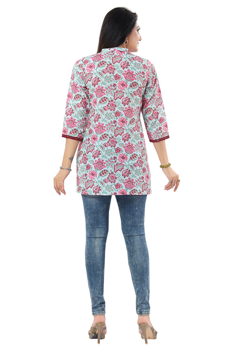 Printed Rayon Light Blue Short Kurti Indian Ethnic For Casual Wear (D818)