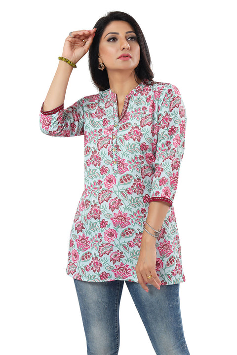 Printed Rayon Light Blue Short Kurti Indian Ethnic For Casual Wear (D818)