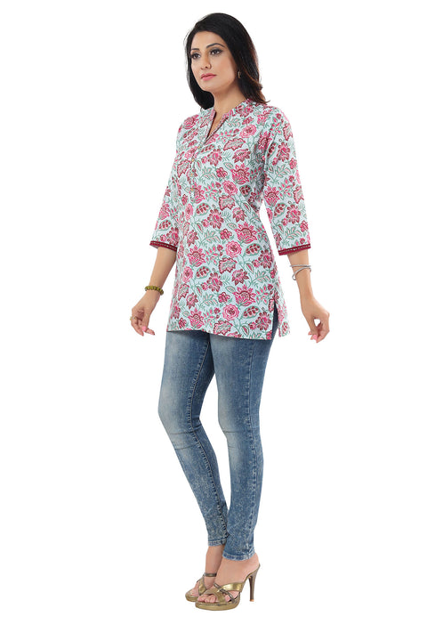 Printed Rayon Light Blue Short Kurti Indian Ethnic For Casual Wear (D818)