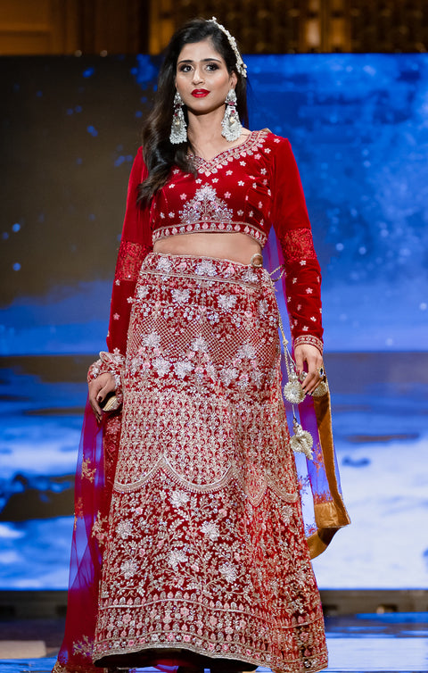 Designer Bridal Heritage Premium Red Heavy Embroidered Velvet Lehenga Choli (D163)