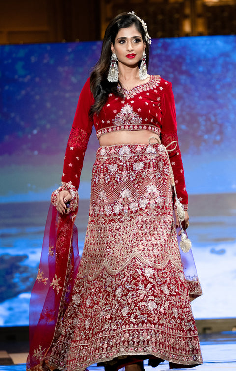 Designer Bridal Heritage Premium Red Heavy Embroidered Velvet Lehenga Choli (D163)