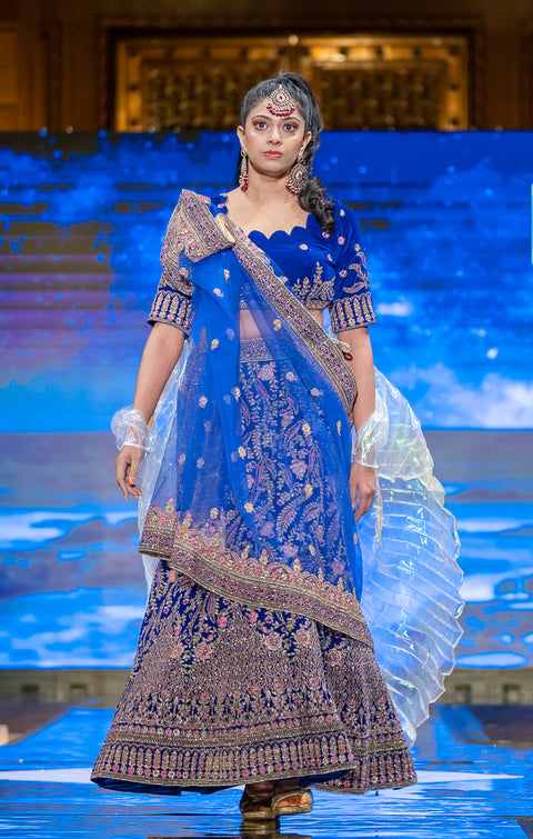 Designer Bridal Heritage Beautiful Blue & Pink Heavy Embroidered Velvet Lehenga Choli (D161)
