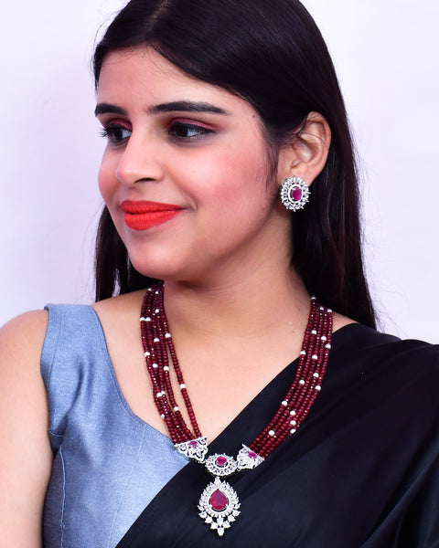 Designer Semi-Precious American Diamond Ruby Beads Necklace with Earrings (D632)