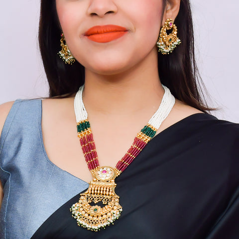 Designer Gold Plated Royal Kundan Multi Color Beads Pendant Set (D626)