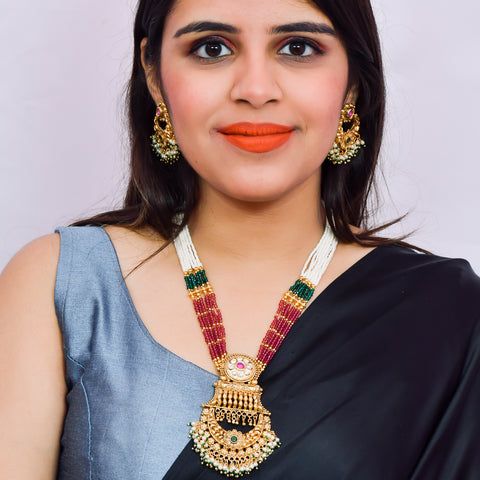 Designer Gold Plated Royal Kundan Multi Color Beads Pendant Set (D626)