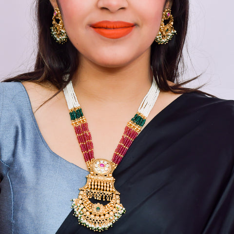 Designer Gold Plated Royal Kundan Multi Color Beads Pendant Set (D626)