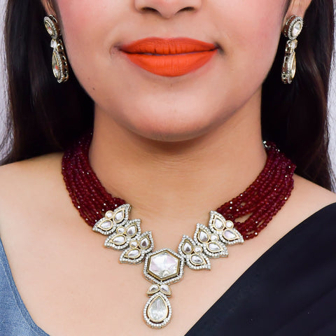 Designer Semi-Precious American Diamond & Ruby Color Beads Necklace with Earrings (D625)
