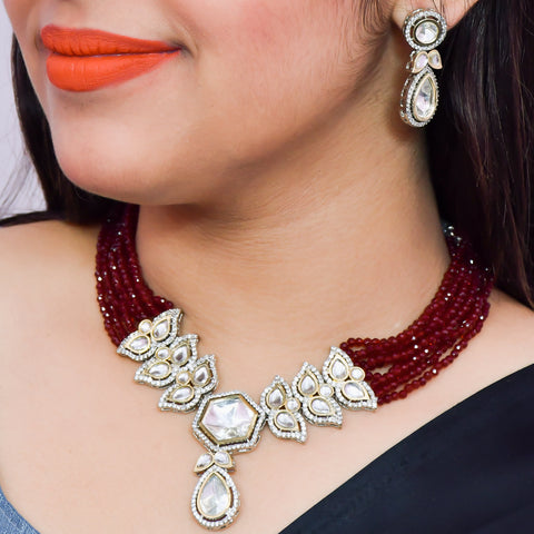 Designer Semi-Precious American Diamond & Ruby Color Beads Necklace with Earrings (D625)