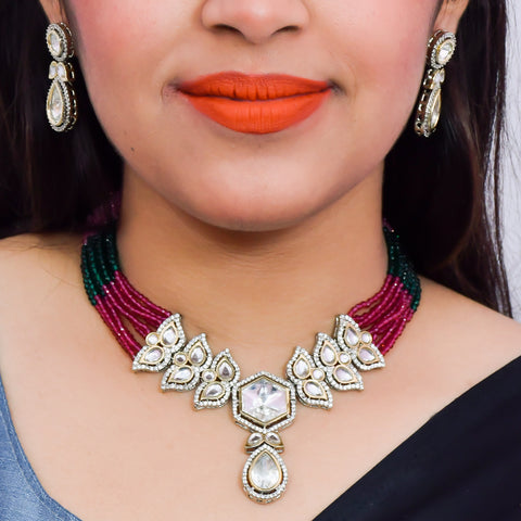 Designer Semi-Precious American Diamond & Multi Color Beads Necklace with Earrings (D624)