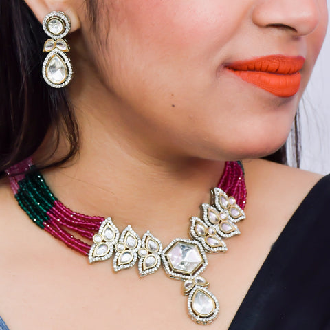 Designer Semi-Precious American Diamond & Multi Color Beads Necklace with Earrings (D624)