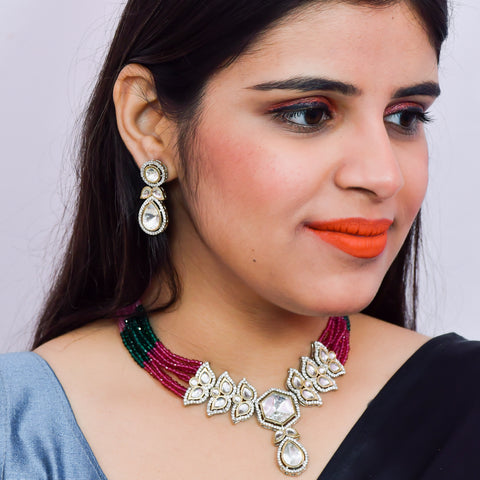Designer Semi-Precious American Diamond & Multi Color Beads Necklace with Earrings (D624)