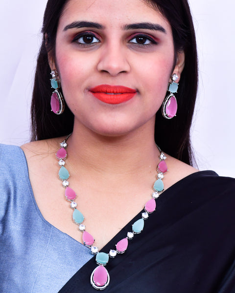 Designer Semi-Precious American Diamond Pink & Blue Color Stone Necklace with Earrings (D628)