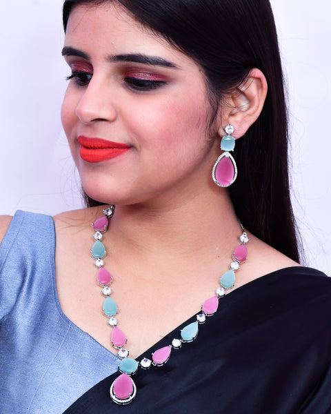 Designer Semi-Precious American Diamond Pink & Blue Color Stone Necklace with Earrings (D628)
