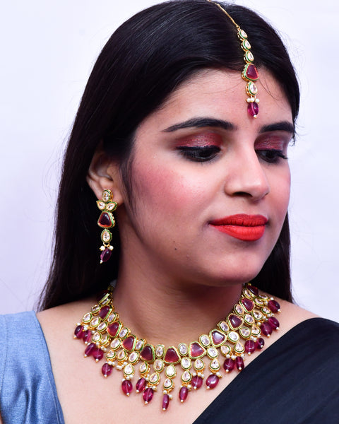 Designer Gold Plated Royal Kundan Ruby Color Necklace & Earrings (D634)