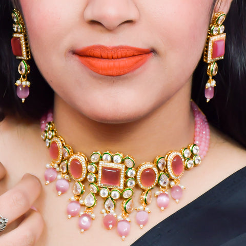 Designer Gold Plated Royal Kundan With Pink Color Necklace & Earrings (D614)