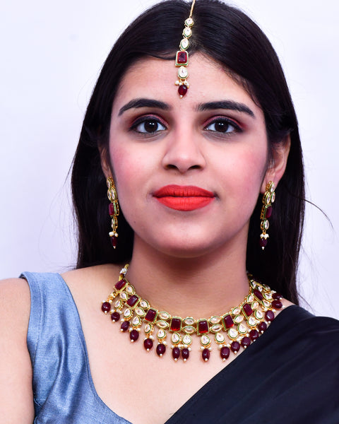 Designer Gold Plated Royal Kundan Ruby Color Necklace & Earrings (D635)