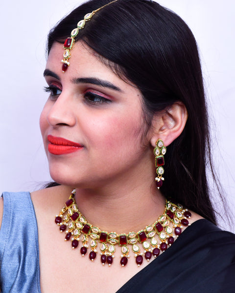 Designer Gold Plated Royal Kundan Ruby Color Necklace & Earrings (D635)