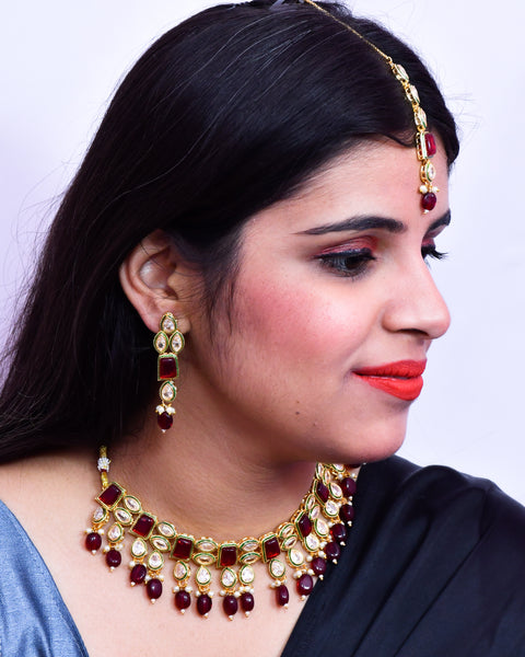 Designer Gold Plated Royal Kundan Ruby Color Necklace & Earrings (D635)