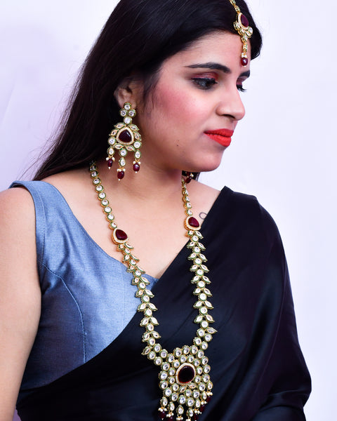 Designer Gold Plated Royal Kundan Ruby Long Necklace With Earrings (D642)