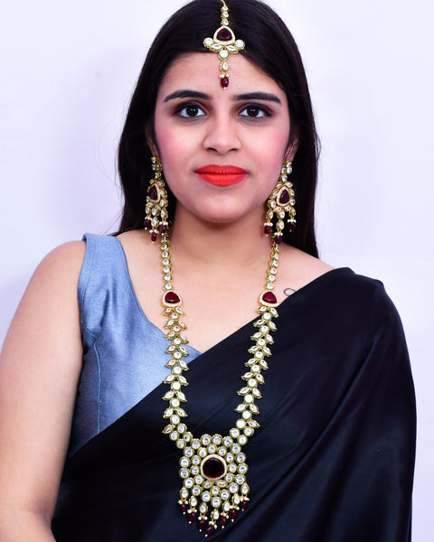 Designer Gold Plated Royal Kundan Ruby Long Necklace With Earrings (D642)
