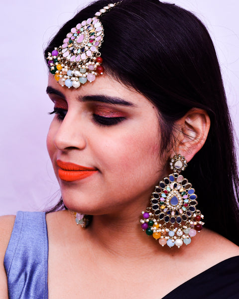 Mirror Work & Multi Color Beads Dangler Earrings With Mangtikka for Casual Party (E623)
