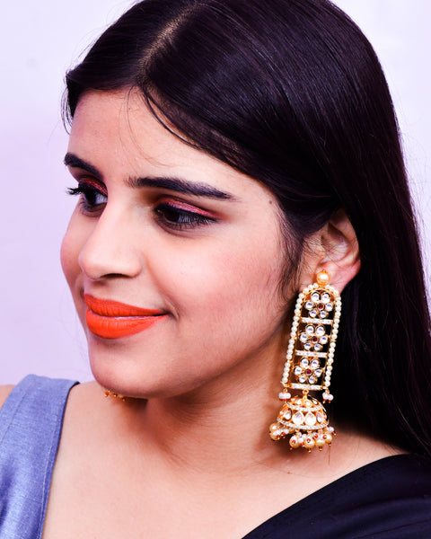 Gold Plated Beautifully Royal Kundan & Ruby Pearl Beaded Long Earrings (E630)
