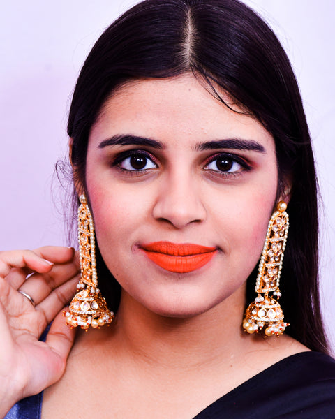 Gold Plated Beautifully Royal Kundan & Ruby Pearl Beaded Long Earrings (E630)