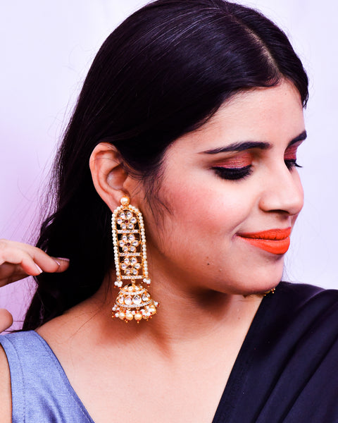 Gold Plated Beautifully Royal Kundan & Ruby Pearl Beaded Long Earrings (E630)