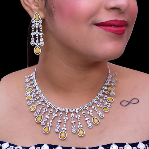 Designer Semi-Precious American Diamond & Yellow Necklace with Earrings (D453)