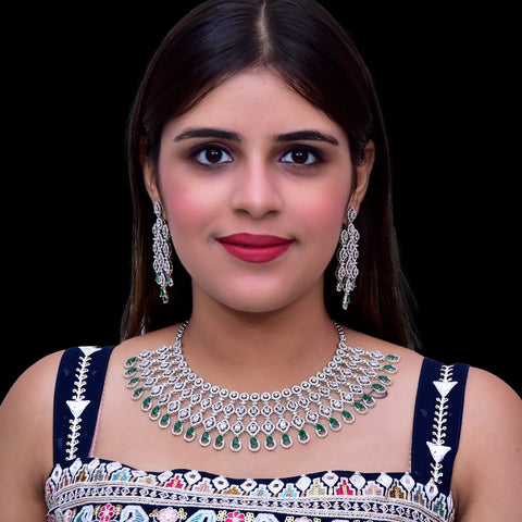 Designer Semi-Precious American Diamond & Green Emerald Necklace with Earrings (D459)