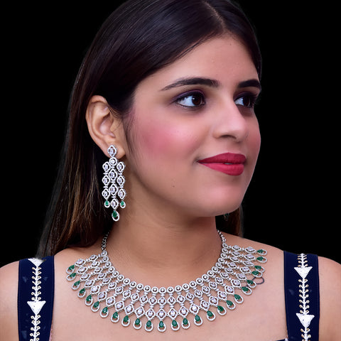 Designer Semi-Precious American Diamond & Green Emerald Necklace with Earrings (D459)