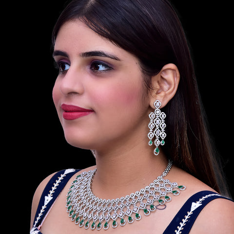 Designer Semi-Precious American Diamond & Green Emerald Necklace with Earrings (D459)