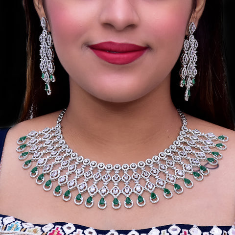 Designer Semi-Precious American Diamond & Green Emerald Necklace with Earrings (D459)