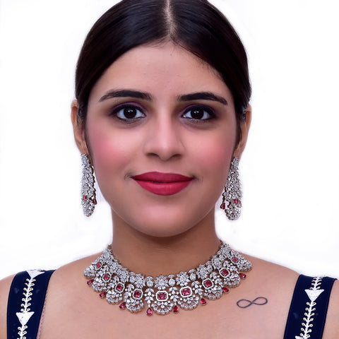 Designer Semi-Precious American Diamond & Ruby Necklace with Earrings (D474)