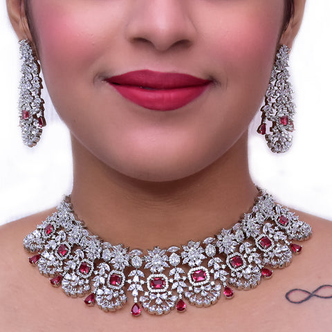 Designer Semi-Precious American Diamond & Ruby Necklace with Earrings (D474)