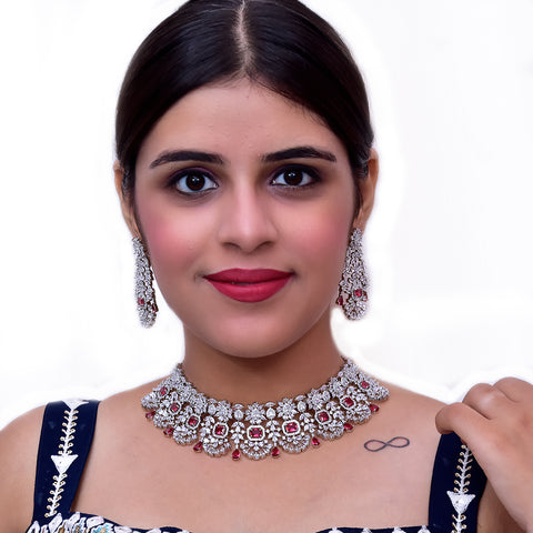 Designer Semi-Precious American Diamond & Ruby Necklace with Earrings (D474)