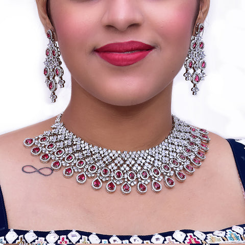Designer Semi-Precious American Diamond & Ruby Necklace with Earrings (D464)