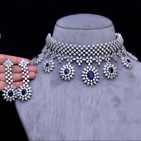 Designer Semi-Precious American Diamond & Blue Sapphire Necklace with Earrings (D467)