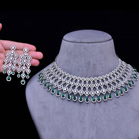 Designer Semi-Precious American Diamond & Green Emerald Necklace with Earrings (D459)