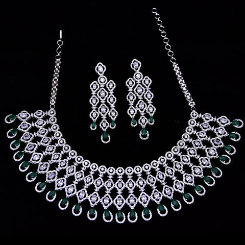 Designer Semi-Precious American Diamond & Green Emerald Necklace with Earrings (D459)