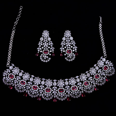 Designer Semi-Precious American Diamond & Ruby Necklace with Earrings (D474)